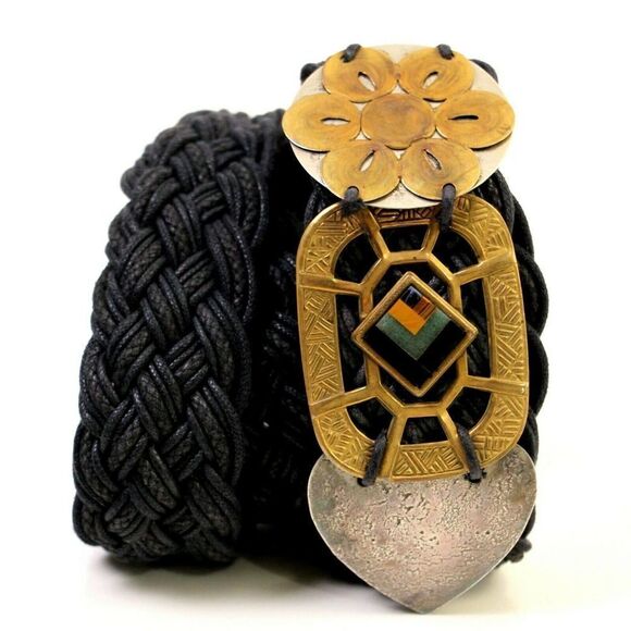 MOROCCO STYLE BRAIDED BLACK CORD 1 3/4"Wd CASUAL DRESS WOMEN'S BELT Sz M (53D - Picture 2 of 8